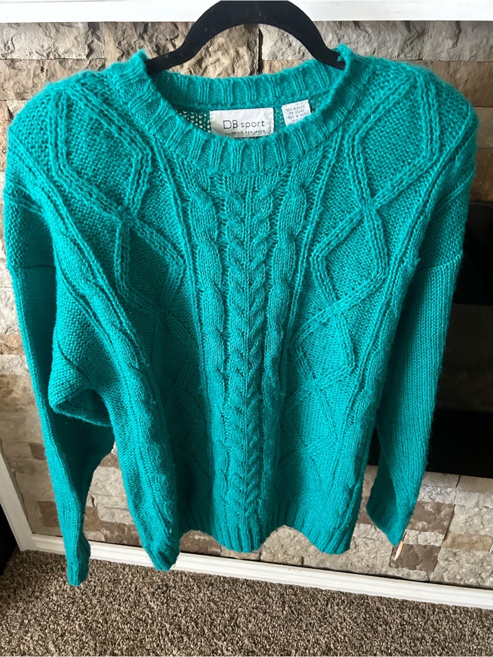 Vintage 80s Retro DB Sport Teal Cable-Knit Crewneck Sweater 100% Acrylic Pads